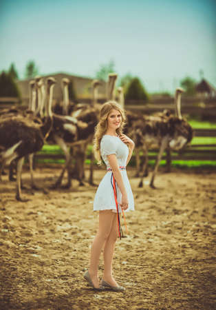 Beautiful Girl and Ostrich in the protected parkの写真素材