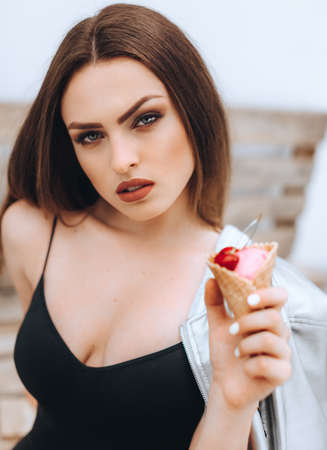 Beautiful fashion model Woman with hair, Red lipstick. Portrait of glamour girl with bright makeup....