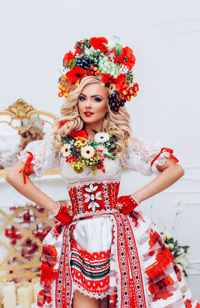 Ukrainian beautiful woman in national clothesの写真素材