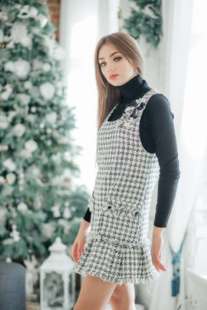 Portrait of beautiful young girl with makeup in Christmas decorationsの写真素材