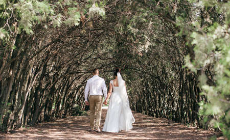 Bride and groom at wedding day walking outdoors on nature. Bridal couple, Happy Newlywed woman and...