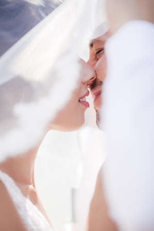 Happy bride and groom on their weddingの写真素材