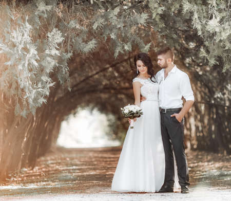 Bride and Groom at wedding Day walking Outdoors on spring nature. Bridal couple, Happy Newlywed woman and man embracing in green park. Loving wedding couple outdoor.の写真素材