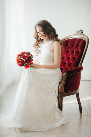Beautiful bride in white dressの写真素材