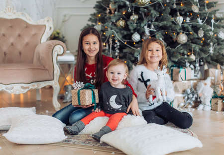 Beautiful portrait of three sisters in Christmas decorations