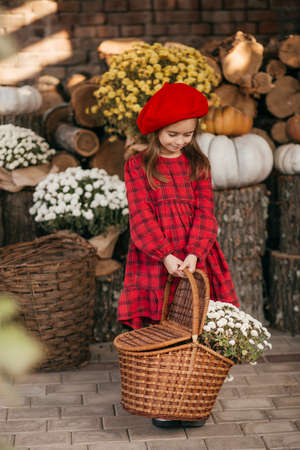 Portrait of a beautiful little girl with bright white flowers in autumn gazeboの写真素材