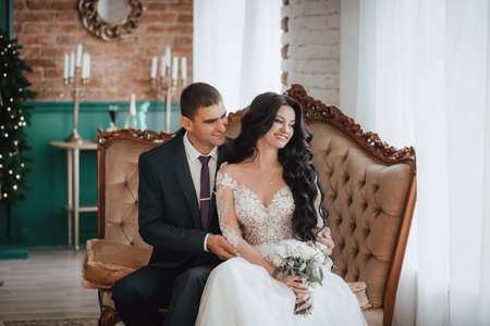 Happy bride and groom on their wedding, Bridal couple, Happy Newlywed woman and man. Loving wedding couple.の写真素材