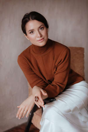 Girl in a trendy spring set of clothes. Natural colors. Trend of 2021. Natural female beauty.の写真素材