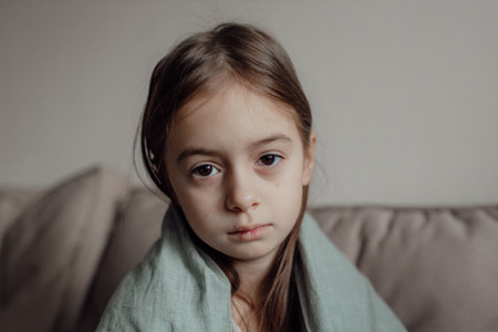 Stop war. Pray for Ukraine. we stand with Ukraine. Ukrainian frightened child under a blanket. The girl is afraid of the sounds of air raids and explosions. Poor child feeling sorrow and sadness.の写真素材