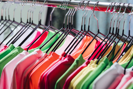 Choice of multi-colored t-shirts on hangers in a retail shop. Reduce Reuse Recycle concept....