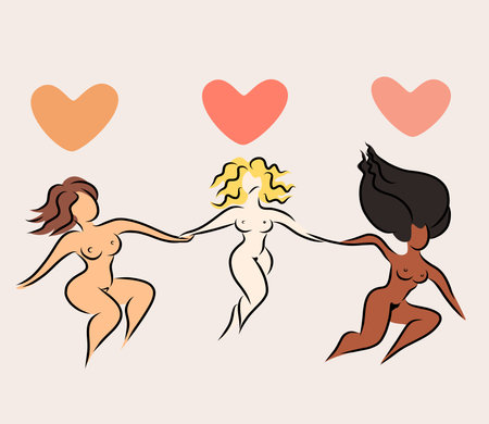 Women's unity concept. Happy plus size women with love tourself concept. Vector Silhouettes of a women on a beige background.のイラスト素材