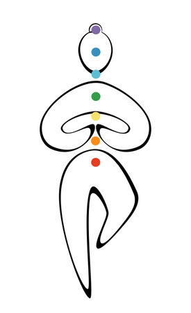 Contours of a man in yoga poses with chakra colors on a white background. Trendy idea design for poster, banner. Vectorのイラスト素材