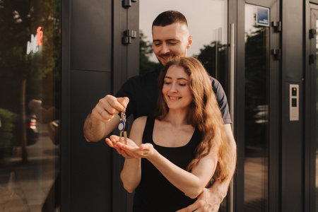 Focus on keys, held by excited young spouses homeowners. Happy married family couple celebrating...