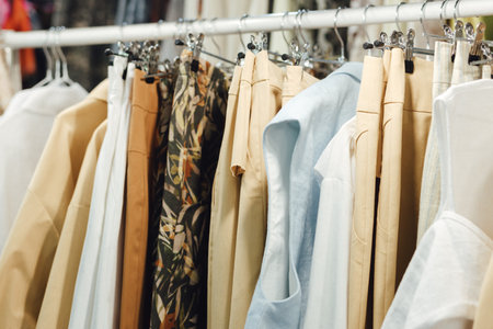 Choice of fashion shirt of different colors on metal hangers in a retail shop. Reduce Reuse Recycle concept. Horizontal photo.の写真素材