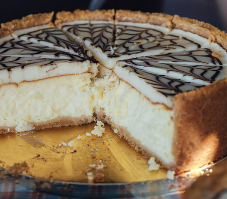 Homemade pie with fillings at the street food fair. Soft focus blurred and noise effect....