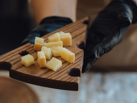 Cheesemaker cuts cheese. Pieces of cheese on a wooden board with cook hands and a knife. Cutting cheese, slicing cheese. close-up.の写真素材
