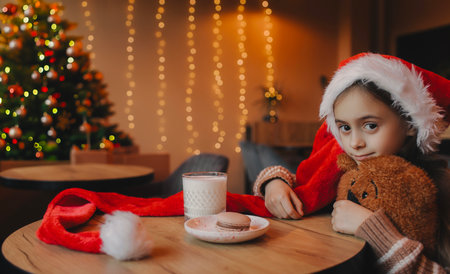 Cute little girl in Santa hat with delicious Christmas cookie and milk at home. Xmas home holiday...