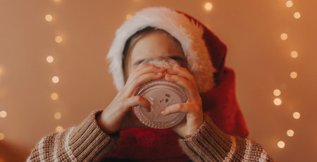 Cute little girl in Santa hat drinks milk from a glass at home. Xmas home holiday celebration.の写真素材