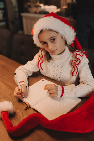 Smiling joyful girl in Santa hat writes wishes in notepad while sitting in cafe during winter holidays on New Year's Eve. Soft focusの写真素材