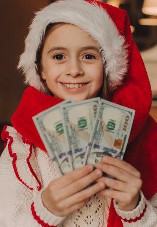 Emotional girl in a sweater and Santa Claus hat holding cash money in dollar banknotes in admiration. Christmas, business.の写真素材