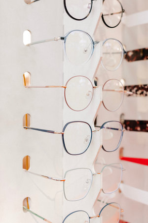Eyeglasses Optical Store. Fashion eyewear at street market. Colorful glasses in optical store...