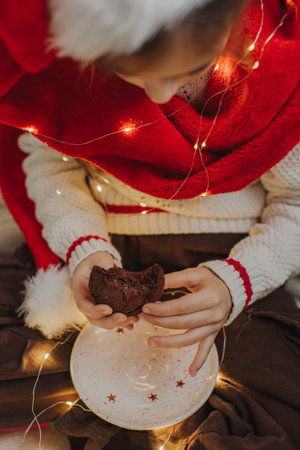 Hands of a teenage girl holding a cookie against the background of a Santa hat and garland lights. Festive New Year food concept. Close-up photo.の写真素材