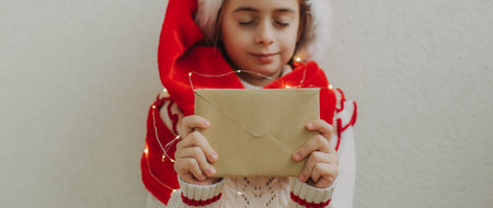A cute teenage girl in a pullover and Santa Claus hat holding an envelope with a letter for Santa Claus against the background of a light wall. Magic Christmas atmosphere at home.の写真素材
