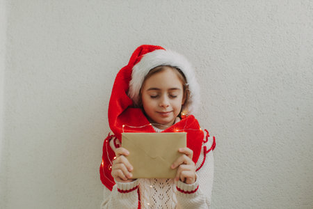 A cute teenage girl in a pullover and Santa Claus hat holding an envelope with a letter for Santa Claus against the background of a light wall. Magic Christmas atmosphere at home.の写真素材