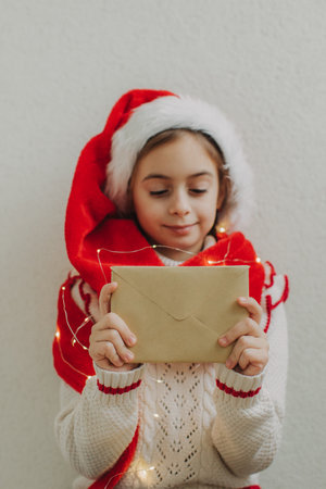A cute teenage girl in a pullover and Santa Claus hat holding an envelope with a letter for Santa Claus against the background of a light wall. Magic Christmas atmosphere at home.の写真素材
