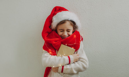 A cute teenage girl in a pullover and Santa Claus hat holding an envelope with a letter for Santa Claus against the background of a light wall. Magic Christmas atmosphere at home.の写真素材