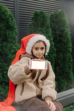 Little girl in Christmas Santa hat shows phone with white screen. Chroma key white screen smartphone set up for advertising. Cute child looking at camera. Adorable kid with digital device. Copy space.の写真素材