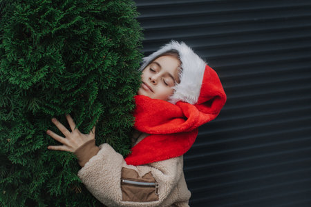 Adorable teen girl in Santa hat hugging Christmas tree outdoors. Girl against the background of a black fence with green fir trees. Celebration seasonal winter holidays with kids.の写真素材