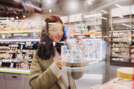 Beautiful woman testing and buying cosmetics in a beauty store. Young girl trying lipstick on hand at cosmetic store. Retail and consumerism. Personal care and modern cosmetology. Side view.の写真素材