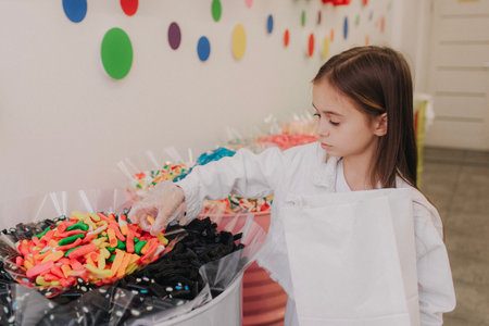 Teenage girl chooses colorful sweets in the store. Cheerful preschool girl puts shopping in a white paper bag. The concept of consumerism, unhealthy food and ecology.の写真素材