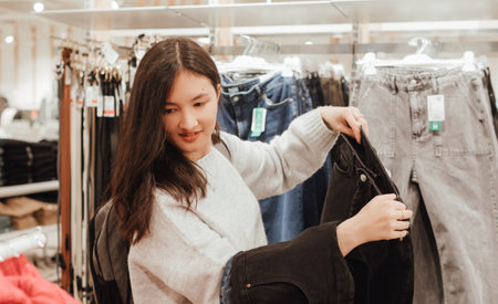 Korean teenage girl choosing and buying trendy clothes in a shopping mall. Retail and consumerism....