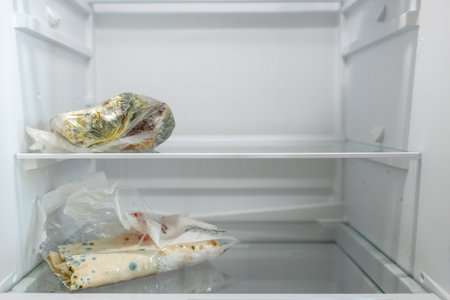 Moldy meal wrapped in cling film in the refrigerator. Incorrect storage, spoiled product, expired concept. Part of a series.の写真素材