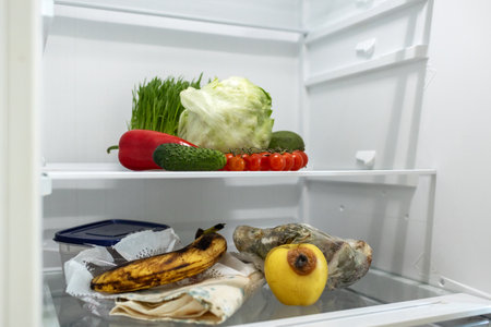 The difference between the produce shelf with fresh vegetables and the shelf with rotten packaged products in the refrigerator. Incorrect storage, spoiled product, expired concept. Part of a series.の写真素材