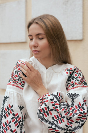 Ukrainian woman in traditional ethnic clothing. Vyshyvanka. Ukrainian national clothes. Part of the series.の写真素材