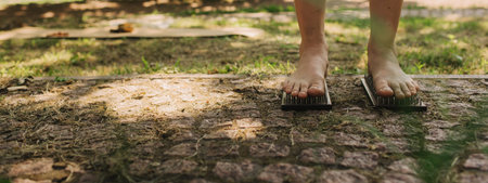 Cropped shot of unrecognizable woman standing barefoot on a wooden Sadhu board with nails during concentration meditation practice outdoors. Part of a series.の写真素材