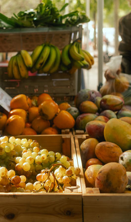 Fresh vegetables at small local urban market. Organic produce on sale at outdoor farmer market....