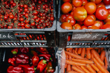 Fresh vegetables at small local urban market. Organic produce on sale at outdoor farmer market....