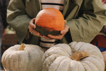 Close up lady's hands with a pumpkin. Woman shopping at the local Farmers market. Beautiful woman...