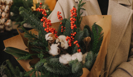 Girl is holding Christmas bouquet with fir, branch with red berries, red leaves and ribbon, Christmas decoration. Part of the series. Soft focus, blurredの写真素材