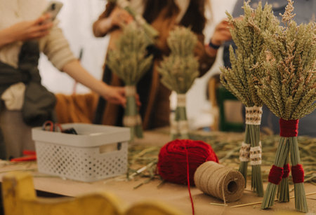 Didukh. Ukrainian Christmas decoration and traditional symbol. Made of straw of different cereals. Didukh literally means the spirit of ancestors. Straw weaving. Part of a seriesの写真素材