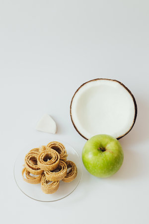 Homemade summer fruit pastille. Sweet vegetarian dessert. Pastille rolls. Fruit leather in slices . Raw food, vegan sweetness, dessert without sugar and flour. For text and articles on healthの写真素材