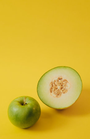 Fresh melon on background. Healthy raw food, dessert without sugar and flour. For text and articles on health. The concept of zero waste, pesticide-free and eco-friendlyの写真素材