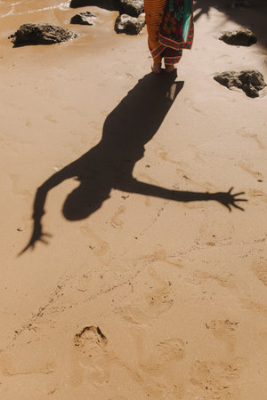 Shadow of a dancing Indian woman in traditional saree clothes on the ocean background. Indian festival costume. Concept of solo tourism and travel to India. Part of a seriesの写真素材