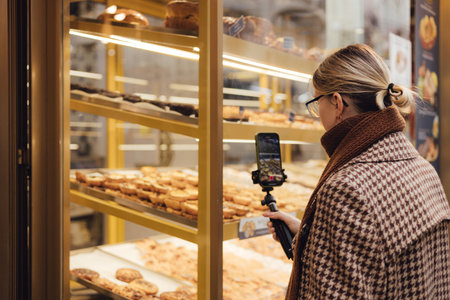 Middle age traveler woman recording video on phone with traditional Portuguese desserts Pastel de...