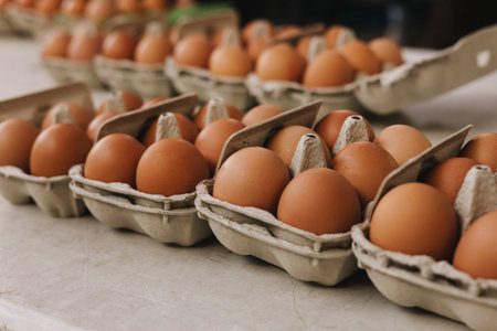Organic Brown eggs in tray or egg box. Poultry Chicken eggs in carton for grocery or breakfast. Hen...