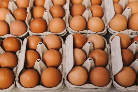 Organic Brown eggs in tray or egg box. Poultry Chicken eggs in carton for grocery or breakfast. Hen...